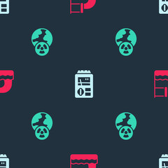 Set Wastewater, Dosimeter and Planet earth and radiation on seamless pattern. Vector