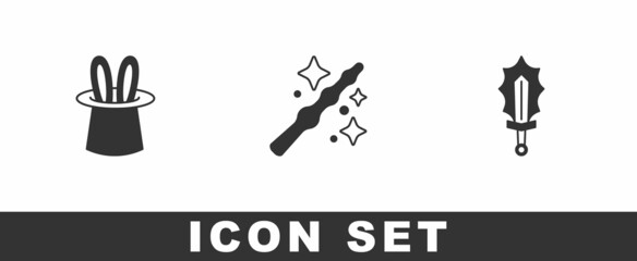 Set Magician hat and rabbit ears, wand and sword in fire icon. Vector