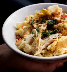 Bubur ayam or Indonesian rice porridge served with shredded chicken
