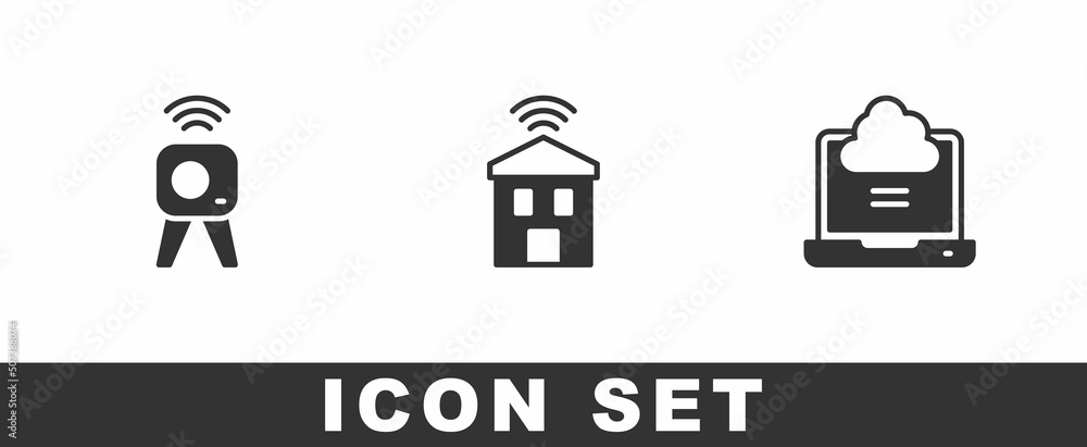 Poster set web camera, smart home with wi-fi and network cloud connection icon. vector