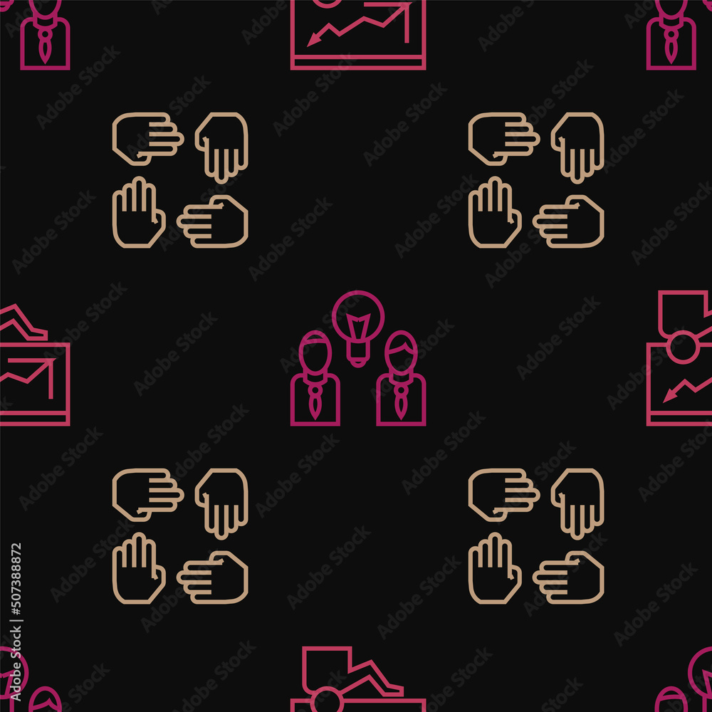 Poster set line training, presentation, project team base and people with lamp bulb on seamless pattern. ve