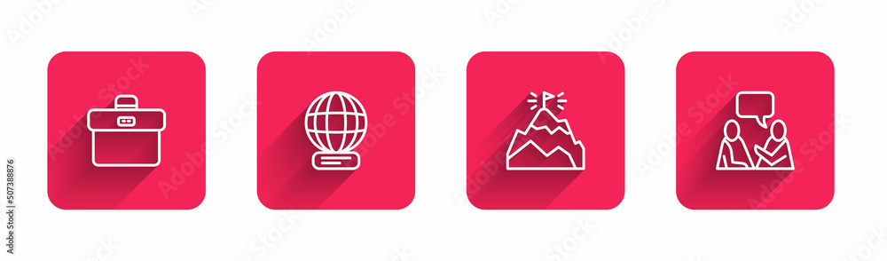 Poster set line briefcase, worldwide, mountains with flag and two sitting men talking with long shadow. red