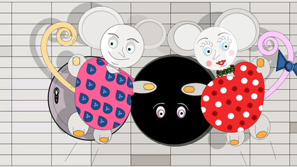 A pair of fashionable rats jump into the uncovered sewer where, in the darkness, they can see the eyes of another friendly rat waiting for them.