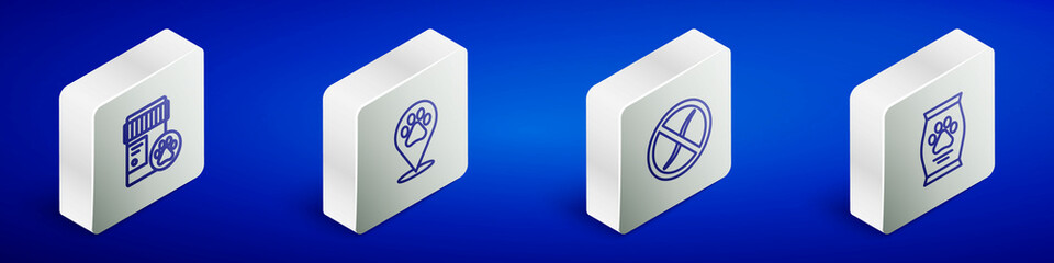 Set Isometric line Dog medicine bottle, Location veterinary, Anti worms parasite and Bag of food icon. Vector
