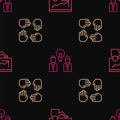 Set line Training, presentation, Project team base and People with lamp bulb on seamless pattern. Vector