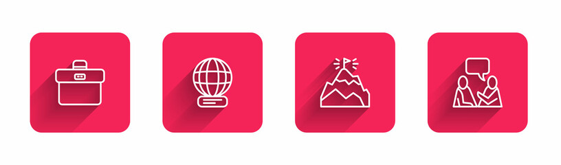 Set line Briefcase, Worldwide, Mountains with flag and Two sitting men talking with long shadow. Red square button. Vector