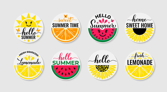Summer round sign set. Seasonal typography poster. Easy to edit vector template for banner, flyer, sticker, shirt, etc