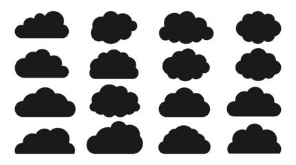 Clouds black icon flat set. Cloudscape sky weather symbol. Heaven sign isolated on white background. Different shapes climate pictogram. Cloud web site app logo design. Vector illustration