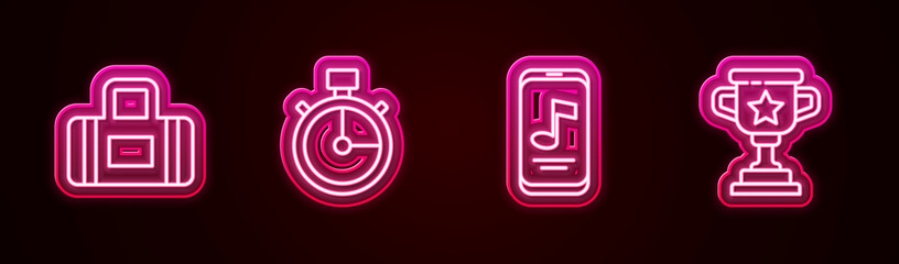 Set line Sport bag, Stopwatch, Music player and Award cup. Glowing neon icon. Vector