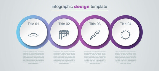 Set line Mustache, Pan flute, Snake and Sun. Business infographic template. Vector