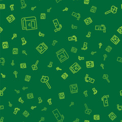 Set line History book, Stone age hammer and Fire extinguisher on seamless pattern. Vector