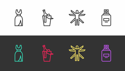 Set line Woman dress, Bottle of wine in bucket, Vitruvian Man and Perfume on black and white. Vector