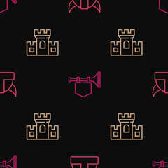 Set line Viking in horned helmet, Castle, fortress and Trumpet with flag on seamless pattern. Vector