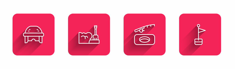 Set line Hockey helmet, Shovel in snowdrift, Winter fishing and Location marker with long shadow. Red square button. Vector