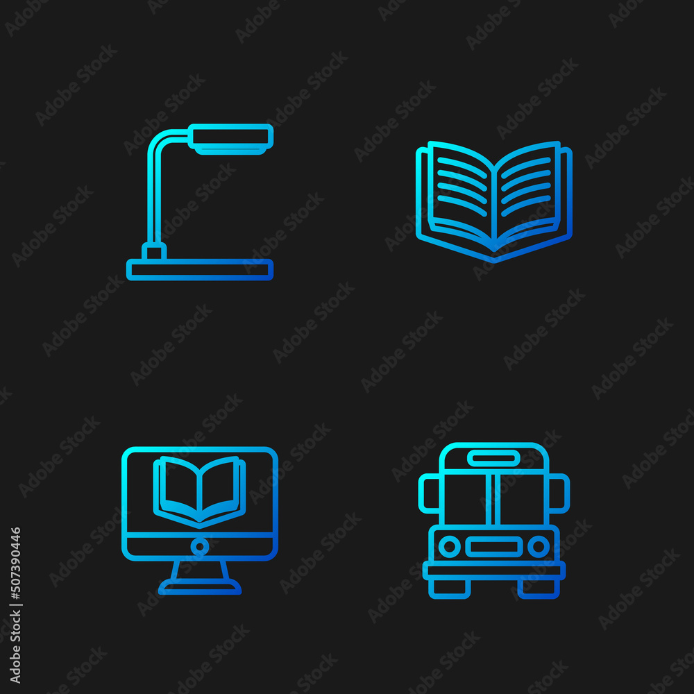 Poster set line school bus, online class, table lamp and open book. gradient color icons. vector