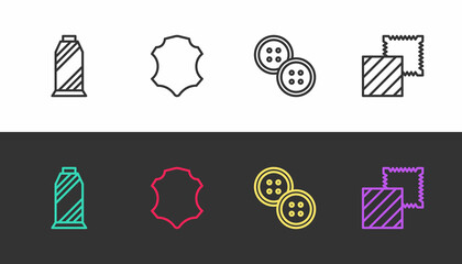 Set line Sewing thread on spool, Leather, button and Textile fabric roll on black and white. Vector