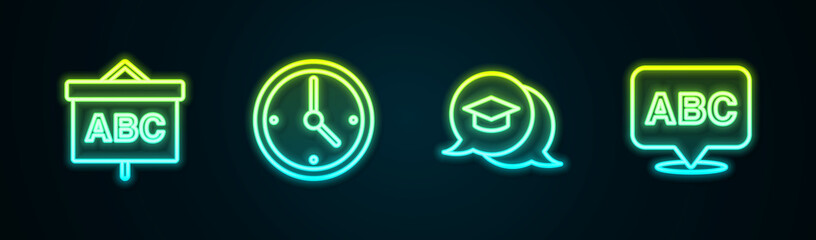 Set line Chalkboard, Clock, Graduation cap in speech bubble and Alphabet. Glowing neon icon. Vector