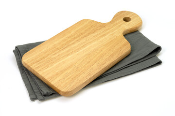 Empty wooden tray with cloth isolated on white background. Mock up. Selective focus.