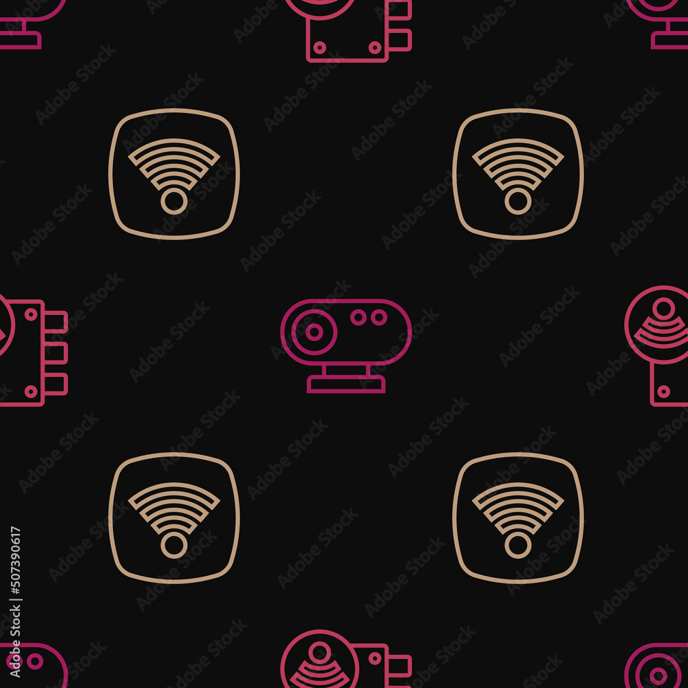 Poster set line digital door lock, wi-fi wireless internet network and web camera on seamless pattern. vect
