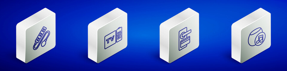 Set Isometric line Electric extension cord, Multimedia and TV box receiver, Digital door lock and Voice assistant icon. Vector