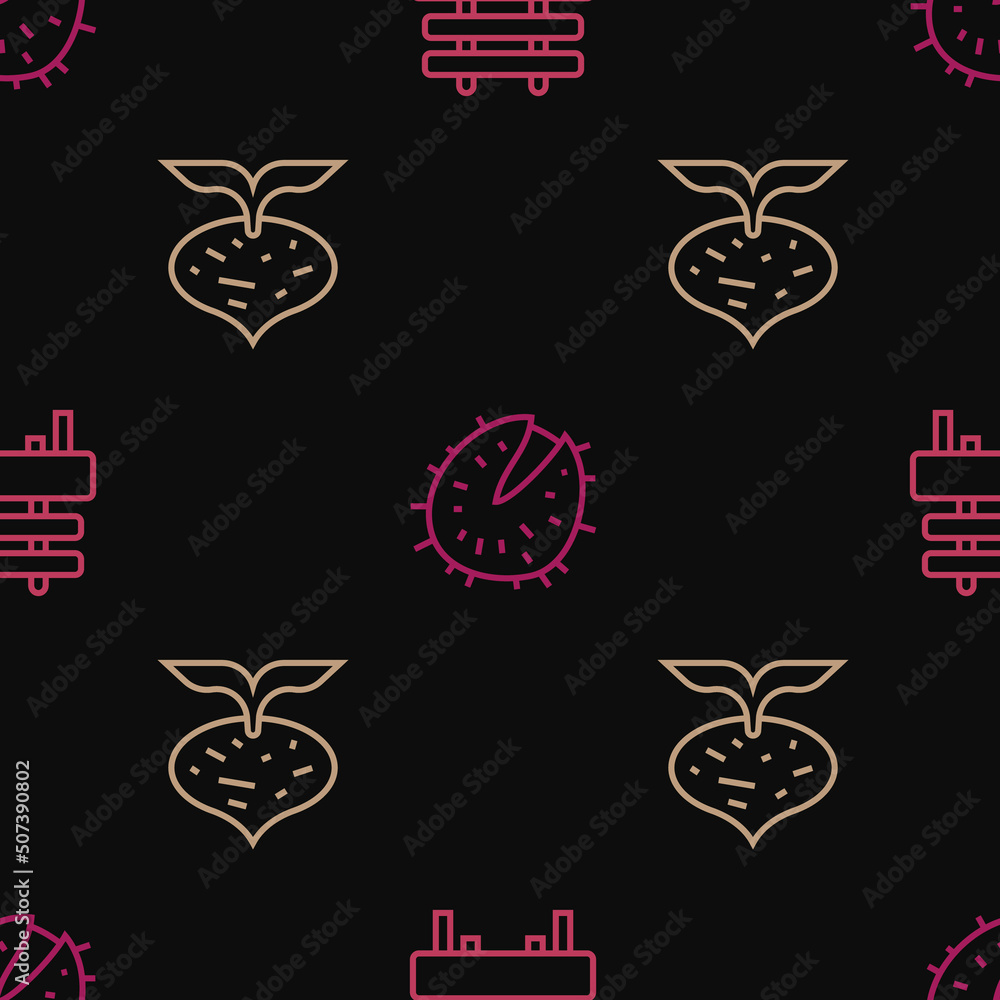 Poster set line bench, beet and chestnut on seamless pattern. vector