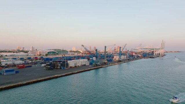 Cranes And Rows Of Stacked Intermodal Containers With Goods In Harbour. Transport And Logistics Of Cargo. Miami, USA