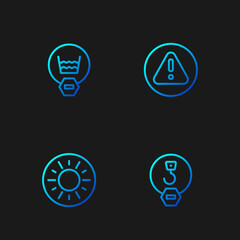 Set line Industrial hook, Sun, Delicate wash and Exclamation mark in triangle. Gradient color icons. Vector
