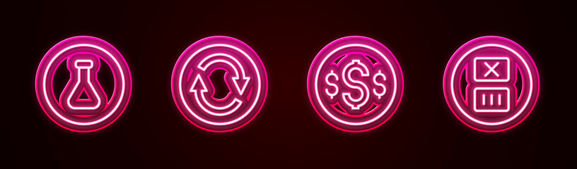 Set line Test tube and flask, Recycle symbol, Dollar and Temperature wash. Glowing neon icon. Vector