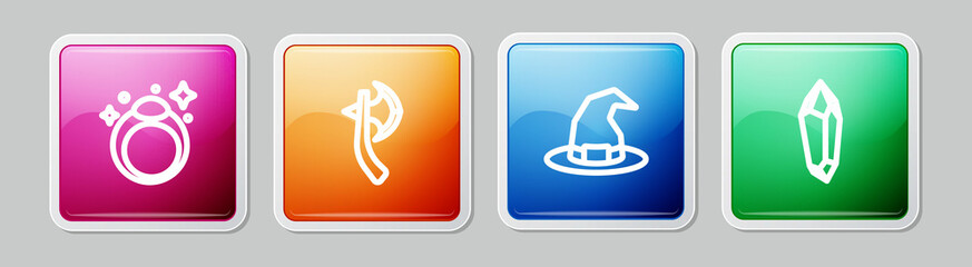 Set line Magic stone ring, Wooden axe, Witch hat and . Colorful square button. Vector