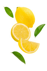  Flying lemon with slice and leaves isolated
