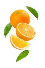 Flying Orange with orange slice and leaves on white 