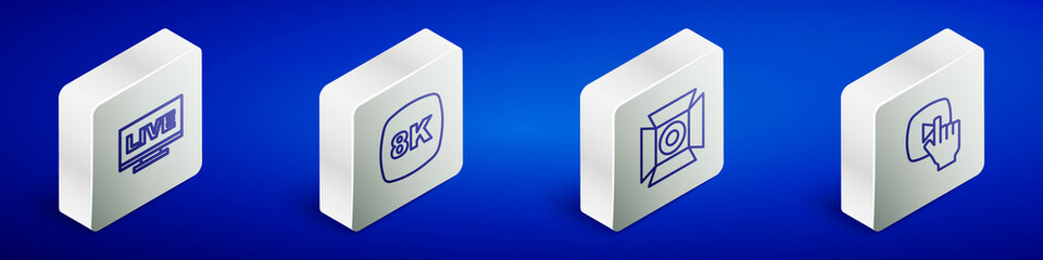 Set Isometric line Live stream, 8k Ultra HD, Movie spotlight and Online play video icon. Vector
