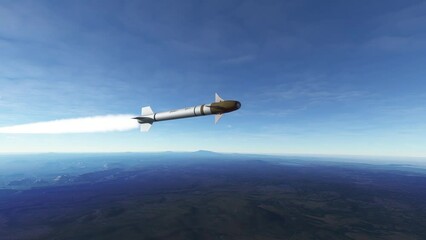 Guided missile flying above earth in low altitude. Realistic view of a high speed rocket hovering above ground and heading towards a target