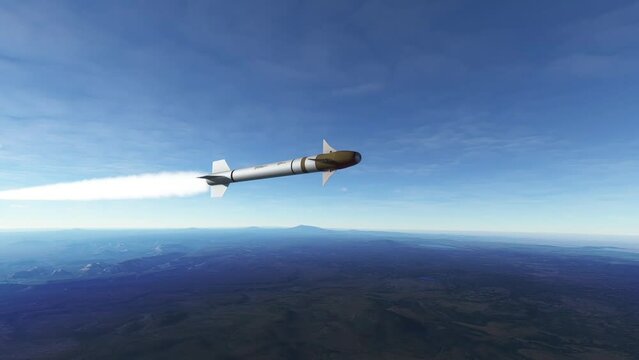 Guided missile flying above earth in low altitude. Realistic view of a high speed rocket hovering above ground and heading towards a target