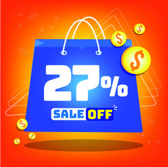 Tote bag with print promotion for sales, 27% off. Vector tags and icons with orange background