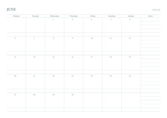 June 2022 simple design digital and printable calendar template illustration. Notes, scheduler, diary, calendar, memo, planner document template background. 