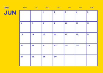 June 2022 cute design digital and printable calendar template illustration. Notes, scheduler, diary, calendar, memo, planner document template background. 