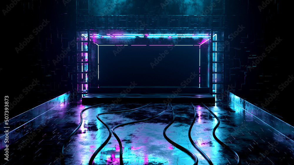 Poster 3d rendering of a blank mockup of a neon sign.