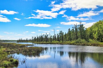 Fototapeta premium Under a blue sky with white clouds on a summer day in Wisconsin, a peaceful inlet from Lake Superior reflects the surrounding lush green landscape of trees and marshland on Madeline Island.