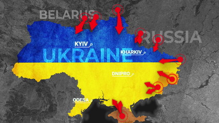 Ukraine war Animated conflict map of Russia invasion of Ukraine, the movement of troops. as of February 24, 2022, UHD 4K 3D Renderd