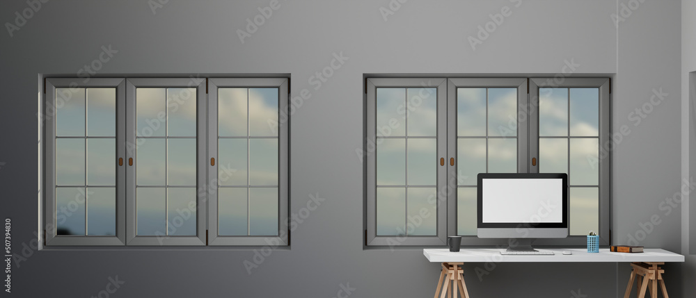 Poster blank screen desktop computer in a minimal office room with decorations and copy space, 3d rendering