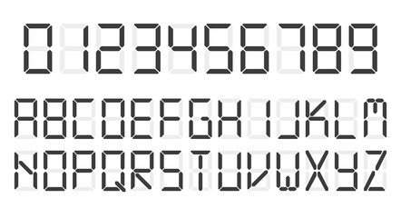 Digital clock number set. Led digit alphabet. Flat vector illustration isolated on white background.