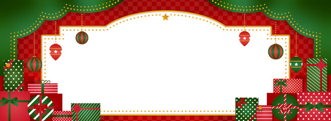 クリスマス向け　山積みのプレゼント　フレーム素材／赤×緑（バナー向け横長）