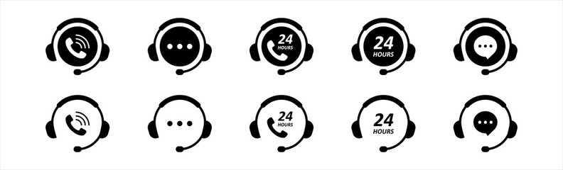 Hotline support service with headphone icons set. Call center symbol. Support service signs. Customer Support, Consultation, consultant, secretary,  vector illustration
