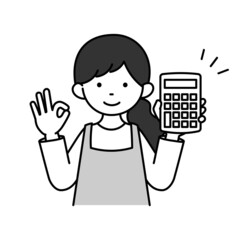 電卓を持ってOKサインをする主婦のモノクロイラスト