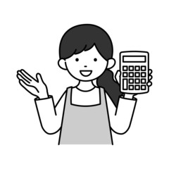 電卓を持って説明する主婦のモノクロイラスト