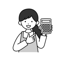 電卓を持って説明する主婦のモノクロイラスト