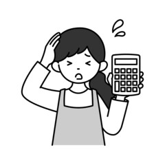 電卓を持って頭を抱える主婦のモノクロイラスト