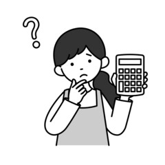 電卓を持って考える主婦のモノクロイラスト