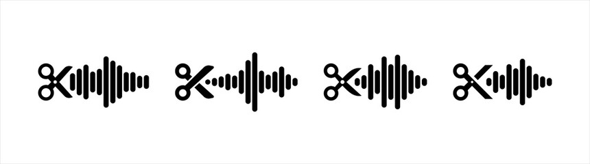 Music editor icons set. Scissors with music wave symbol, vector illustration